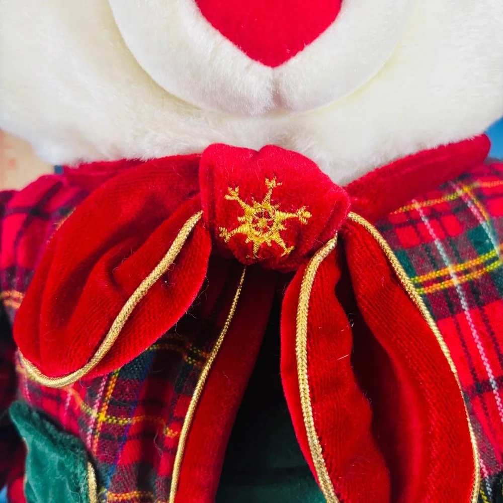 Vintage 1999 Snowflake Teddy White Plush Bear Holiday Plaid Jacket 16 Inch